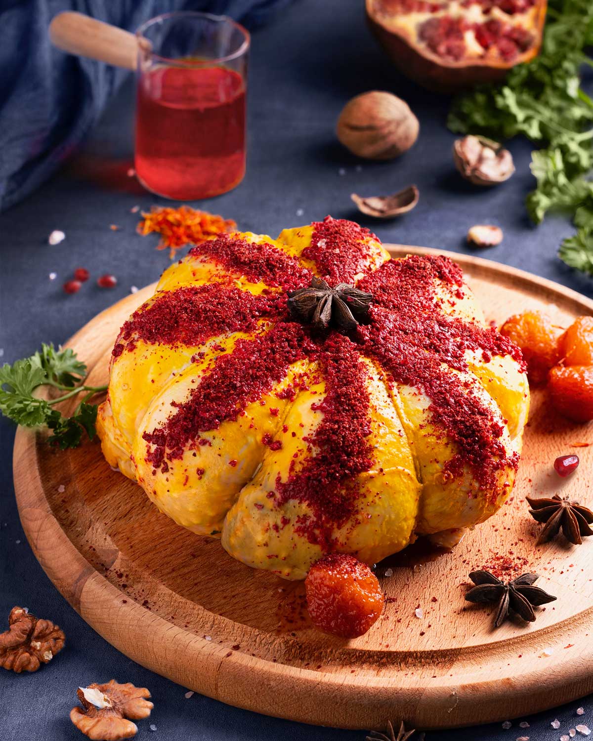 DSC_1514web تصویر مرغ بهشتی، شامل مرغ بدون استخوان پیچیده شده با رب انار، تمر هندی، سبزی معطر و گردو، آماده برای پخت در فر و سرو در مهمانیهای رسمی.