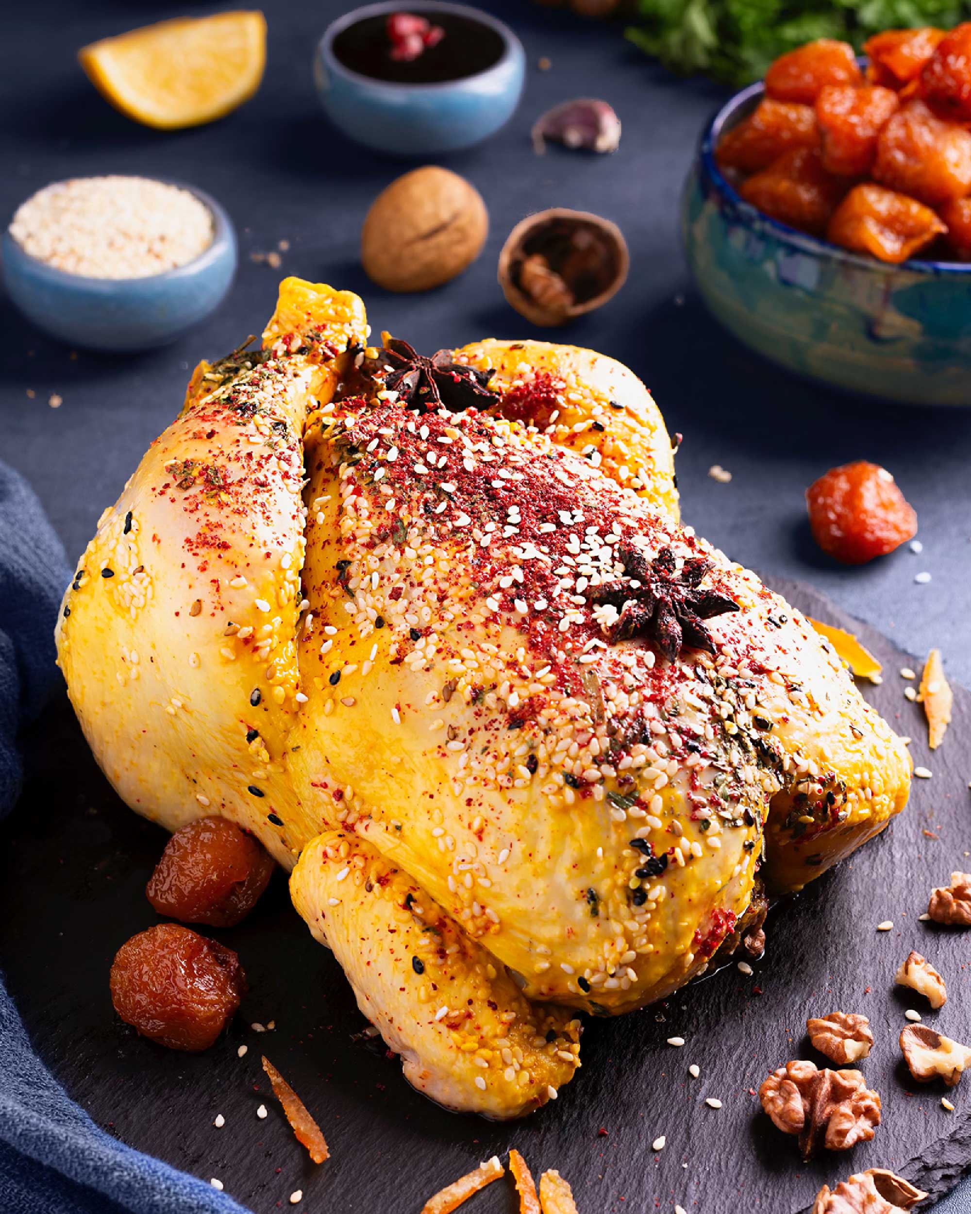 DSC_1528web تصویر جوجه شکمپر، شامل جوجه بدون استخوان پر شده با رب انار، تمر هندی، سبزی معطر و گردو