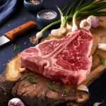 تصویر استیک تی بن گوساله با ظاهری خوشمزه و آب‌دار، آماده برای پخت و سرو با تزئینات جذاب.